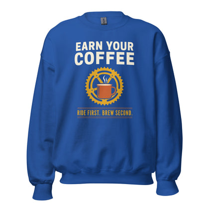 Earn Your Coffee retro cycling coffee crewneck — Royal, front