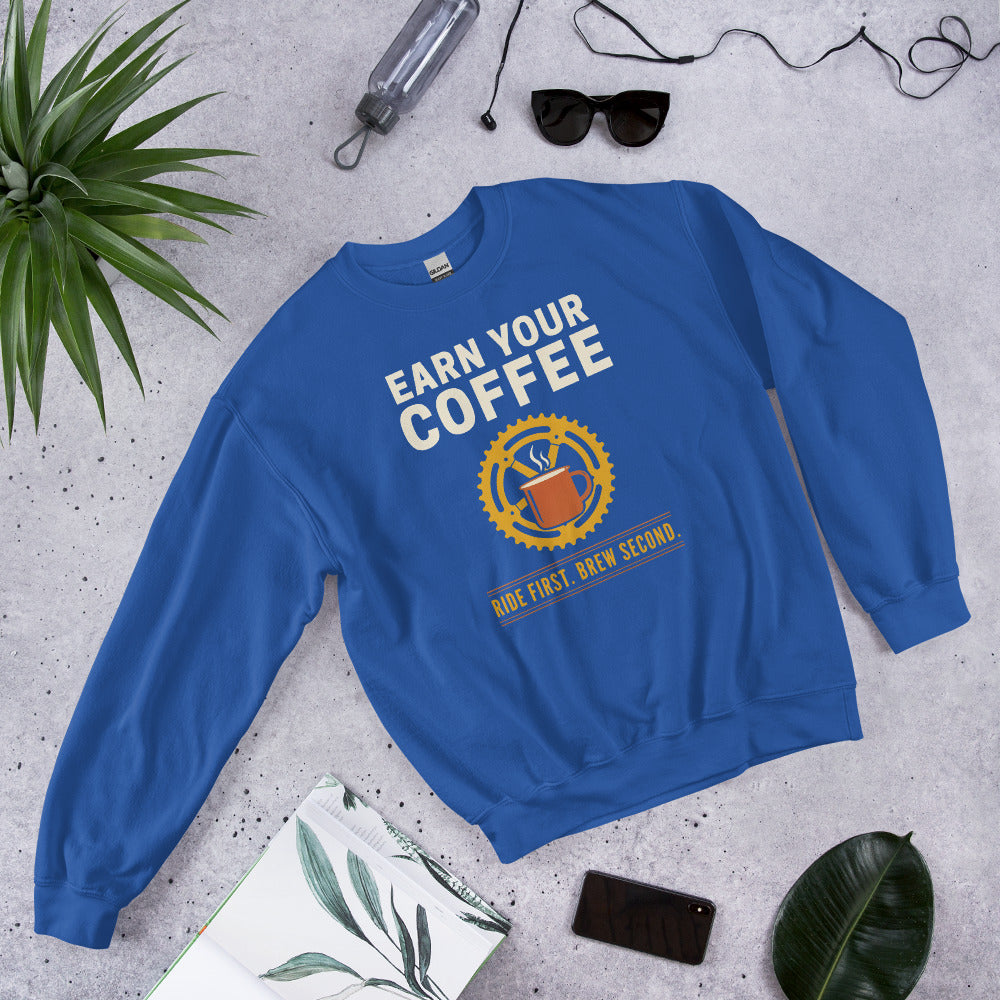 Earn Your Coffee retro cycling coffee crewneck — Royal, flat lay