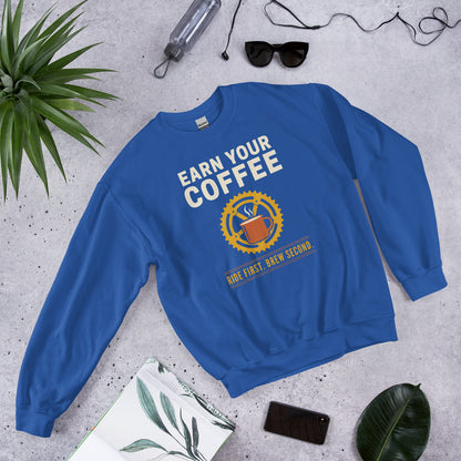 Earn Your Coffee retro cycling coffee crewneck — Royal, flat lay