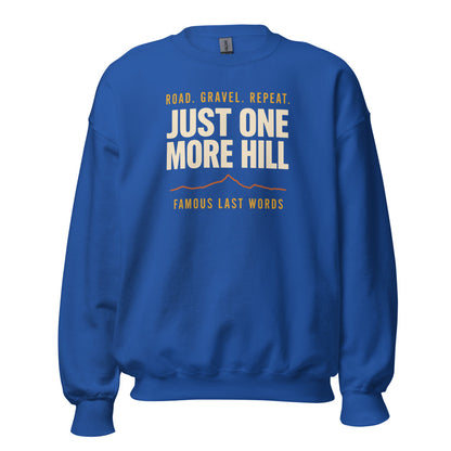 Just One More Hill retro cycling climb crewneck — Royal, front