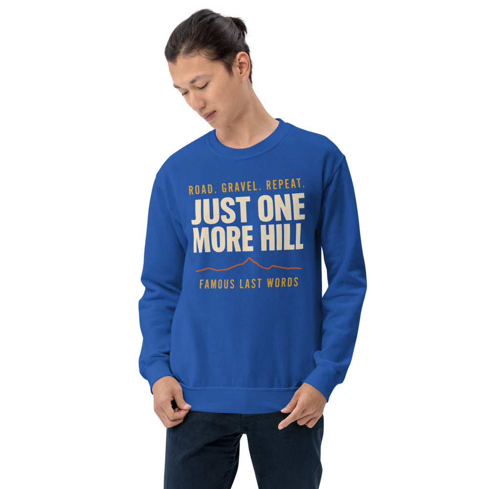 Just One More Hill retro cycling climb crewneck — Royal, on model