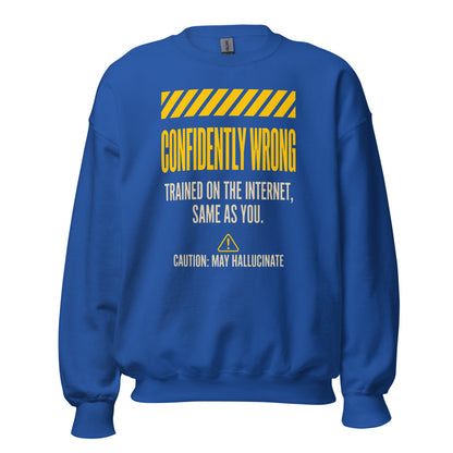 Confidently Wrong AI hazard-label crewneck sweatshirt — Royal, front