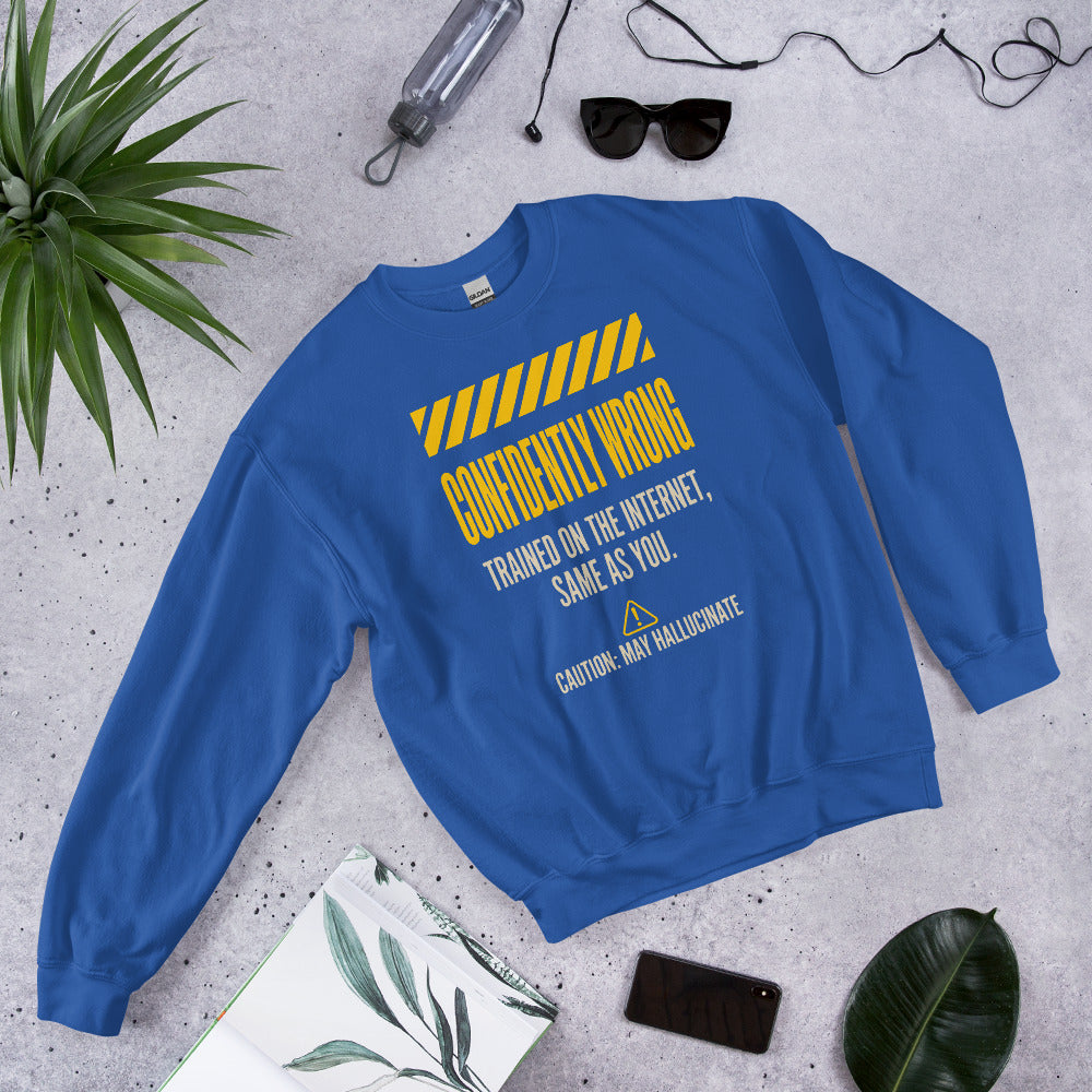 Confidently Wrong AI hazard-label crewneck sweatshirt — Royal, flat lay