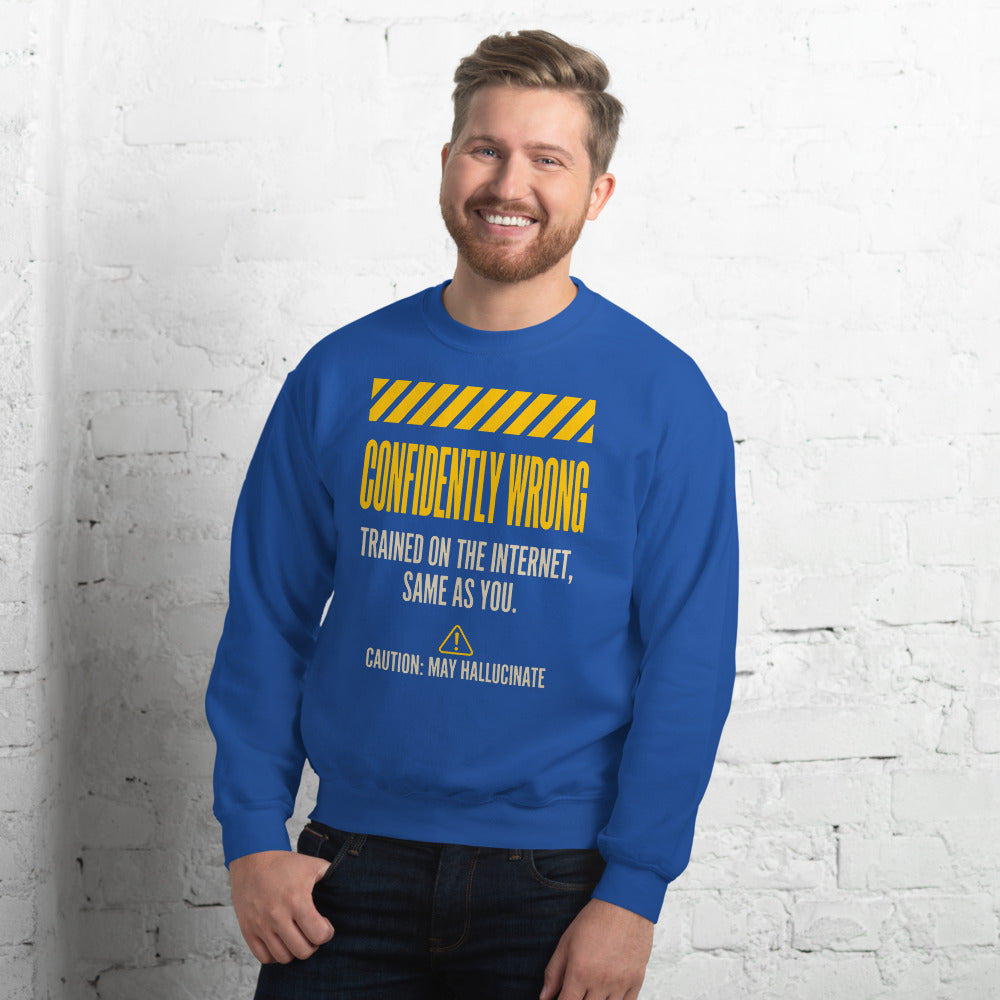 Confidently Wrong AI hazard-label crewneck sweatshirt — Royal, on model