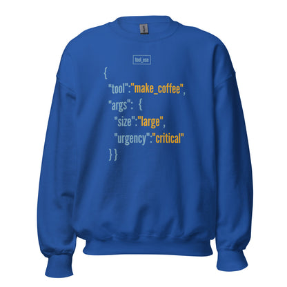 Tool Call Make Coffee AI engineer crewneck sweatshirt — Royal, front