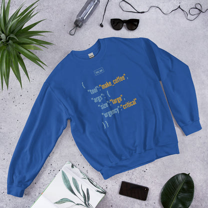 Tool Call Make Coffee AI engineer crewneck sweatshirt — Royal, flat lay