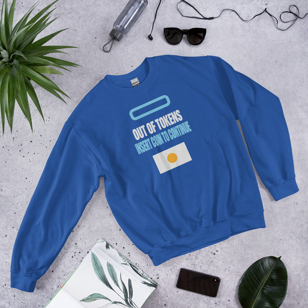 Insert Coin To Continue out of tokens crewneck sweatshirt — Royal, flat lay