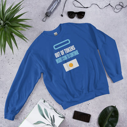 Insert Coin To Continue out of tokens crewneck sweatshirt — Royal, flat lay