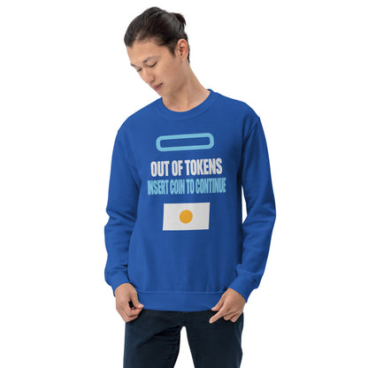 Insert Coin To Continue out of tokens crewneck sweatshirt — Royal, on model
