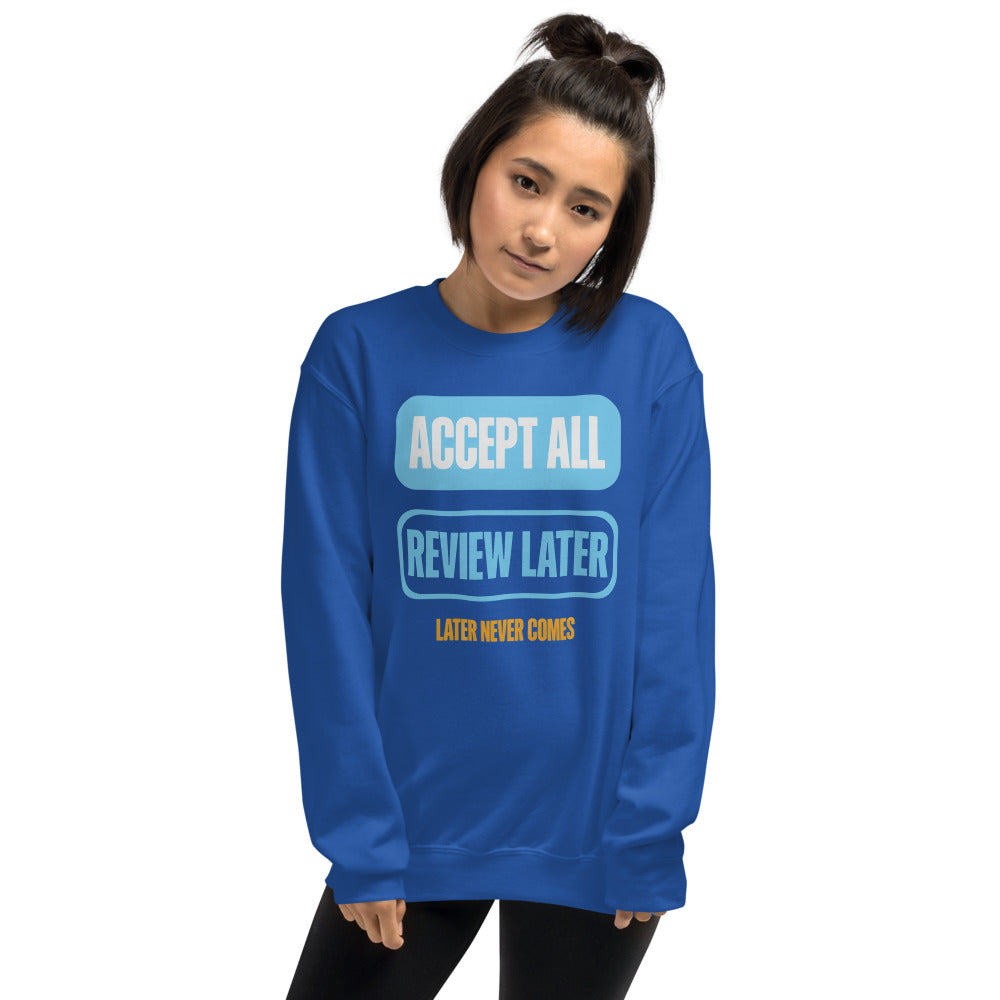 Accept All Review Later crewneck sweatshirt — Royal, on model