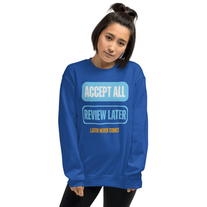 Accept All Review Later crewneck sweatshirt — Royal, on model