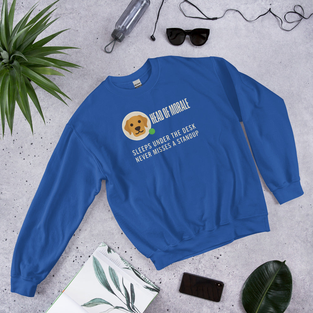 Head of Morale dog profile card crewneck sweatshirt — Royal, flat lay