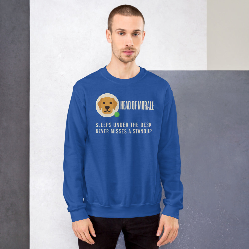 Head of Morale dog profile card crewneck sweatshirt — Royal, on model
