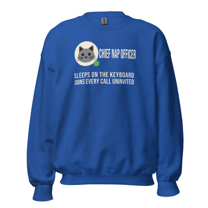Chief Nap Officer cat profile card crewneck sweatshirt — Royal, front
