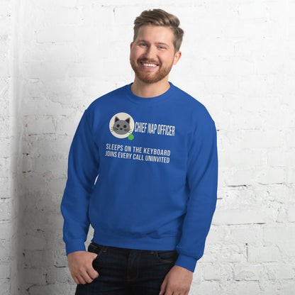 Chief Nap Officer cat profile card crewneck sweatshirt — Royal, on model