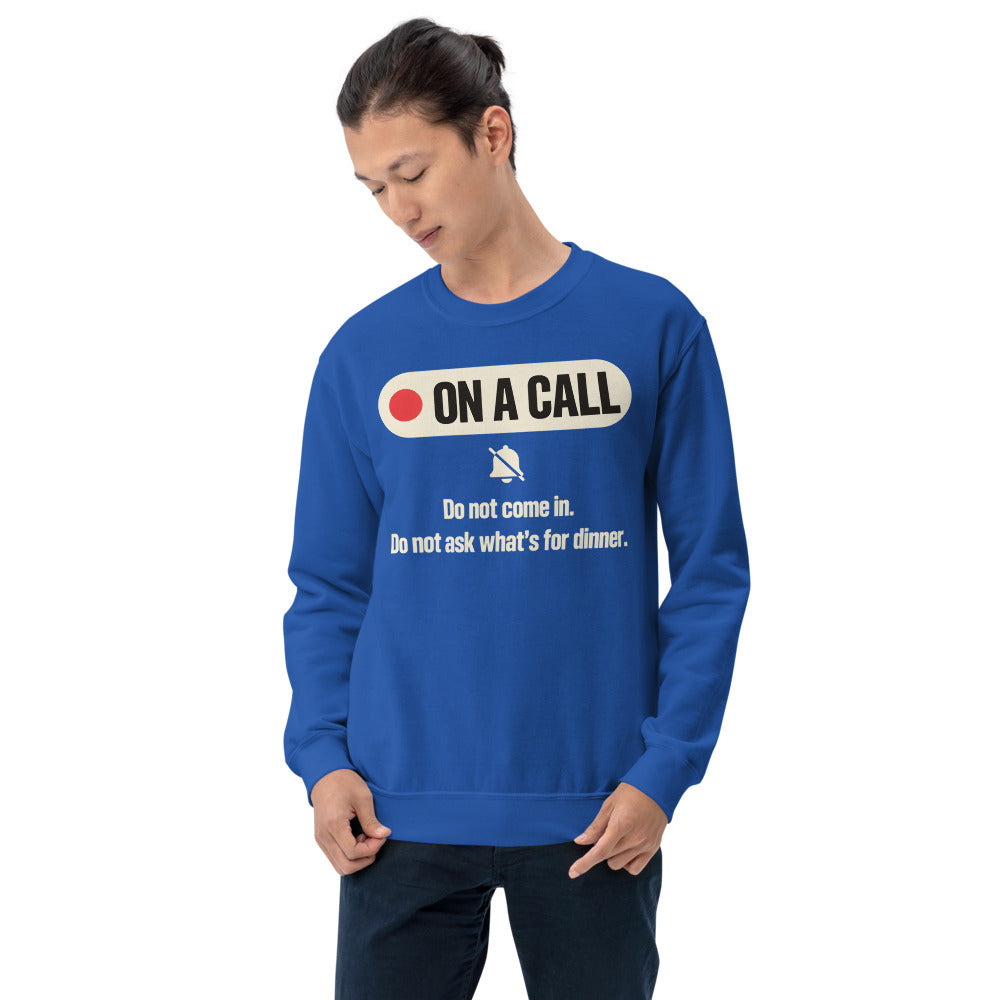 On A Call do not disturb status crewneck sweatshirt — Royal, on model