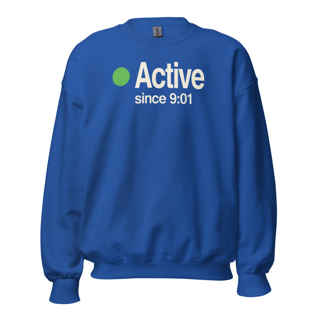 Active Since 9:01 presence status crewneck sweatshirt — Royal, front