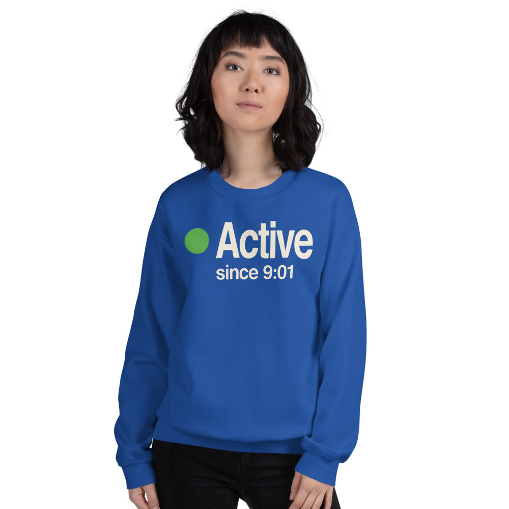 Active Since 9:01 presence status crewneck sweatshirt — Royal, on model