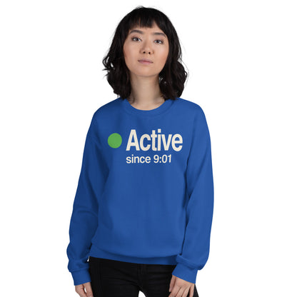 Active Since 9:01 presence status crewneck sweatshirt — Royal, on model