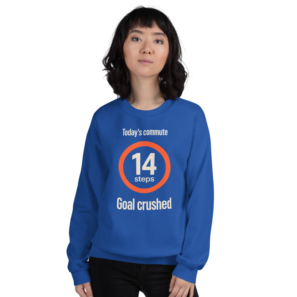 Today's Commute 14 Steps work from home crewneck sweatshirt — Royal, on model