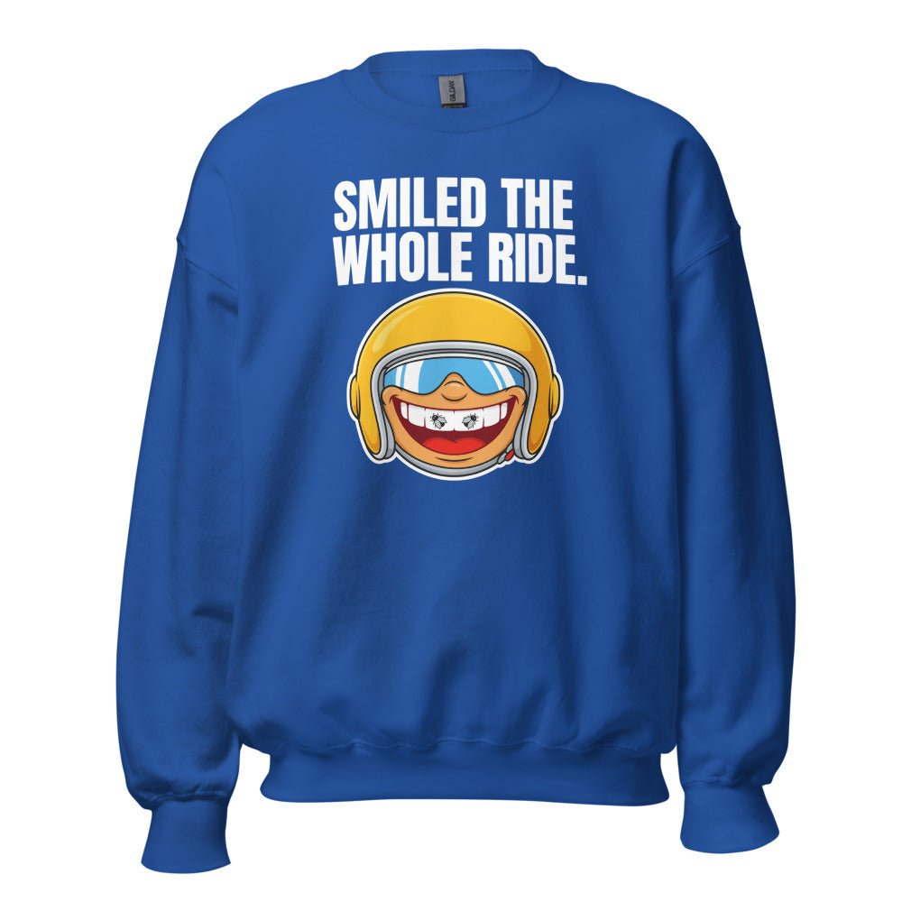 Smiled The Whole Ride funny motorcycle crewneck sweatshirt — Royal, front