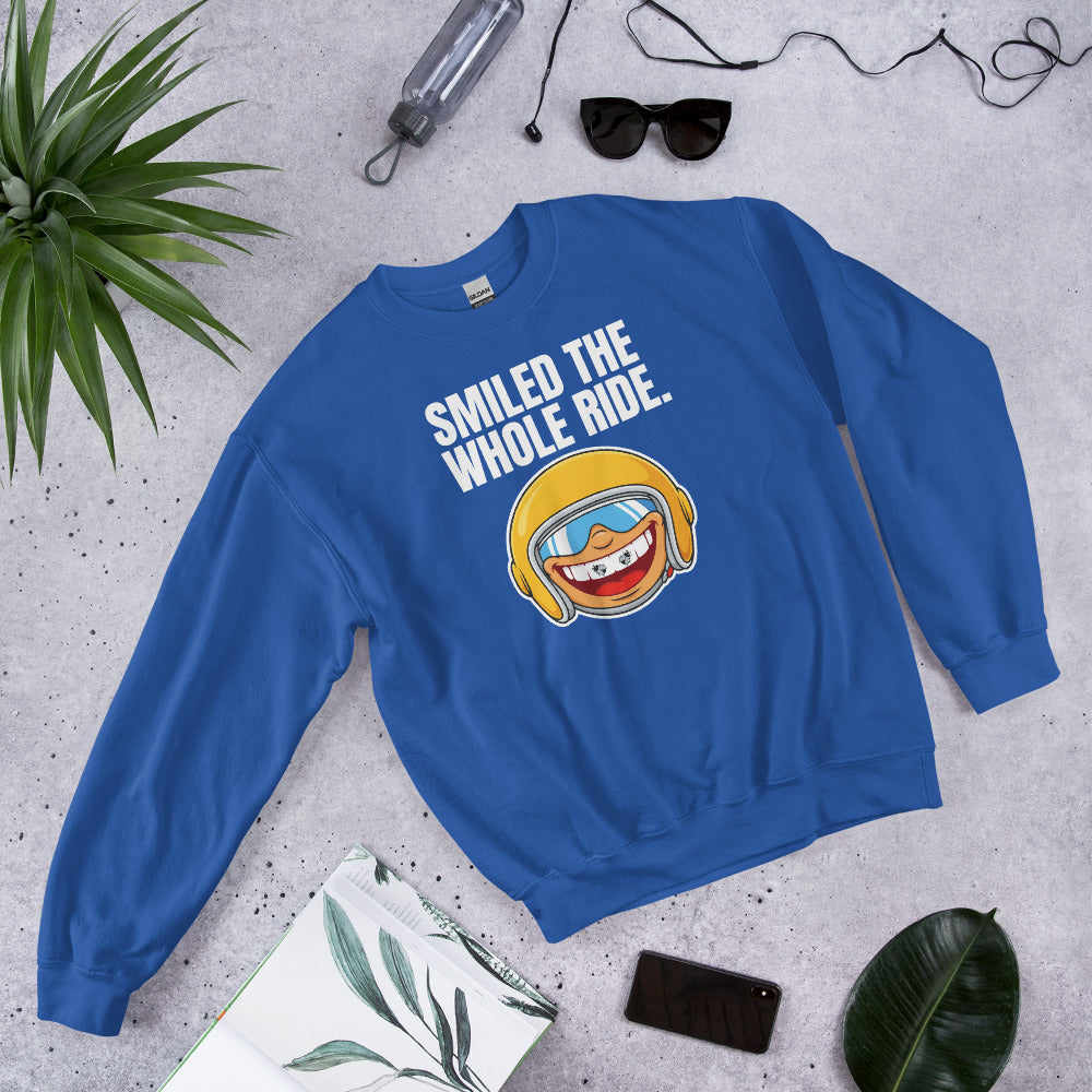 Smiled The Whole Ride funny motorcycle crewneck sweatshirt — Royal, flat lay