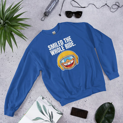 Smiled The Whole Ride funny motorcycle crewneck sweatshirt — Royal, flat lay