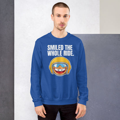 Smiled The Whole Ride funny motorcycle crewneck sweatshirt — Royal, on model