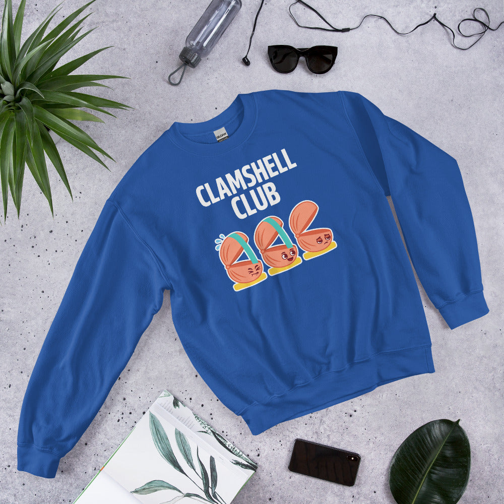 Clamshell Club funny physical therapy crewneck sweatshirt — Royal, flat lay
