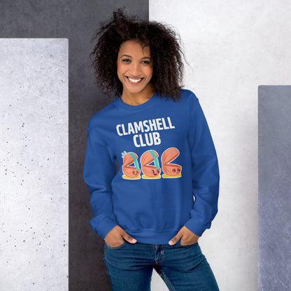 Clamshell Club funny physical therapy crewneck sweatshirt — Royal, on model