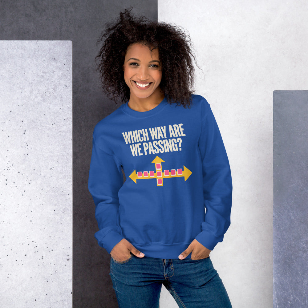 Which Way Are We Passing funny mahjong crewneck sweatshirt — Royal, on model