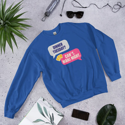 Mahj Night funny mahjong crewneck sweatshirt — Royal, flat lay
