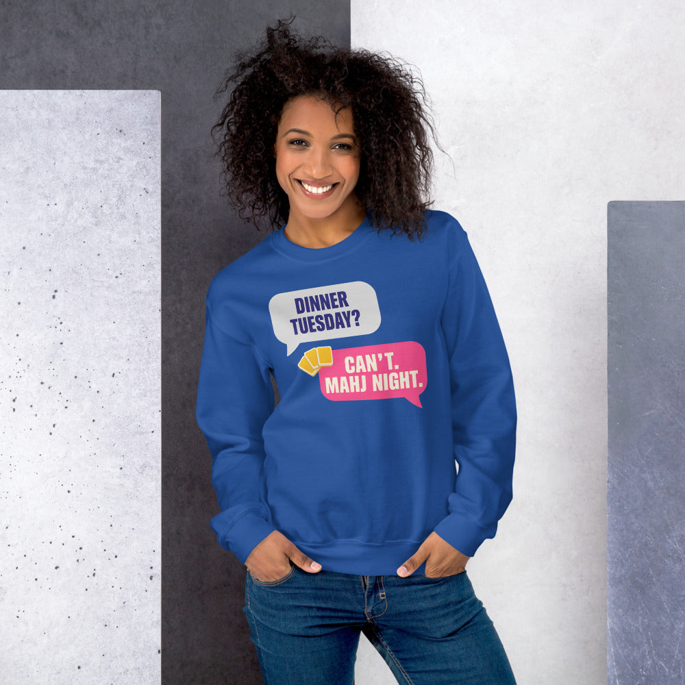 Mahj Night funny mahjong crewneck sweatshirt — Royal, on model