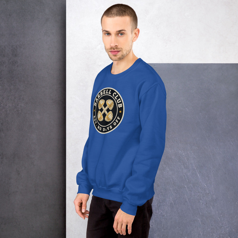Barbell Club No Days Off vintage gym crewneck sweatshirt — Royal, on model