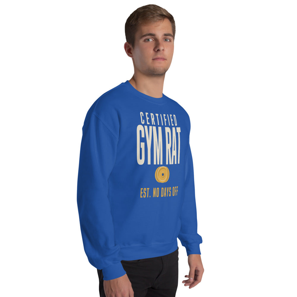 Certified Gym Rat vintage athletic crewneck sweatshirt — Royal, on model