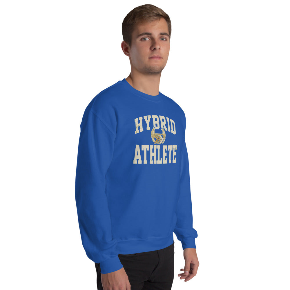 Hybrid Athlete vintage varsity crewneck sweatshirt — Royal, on model