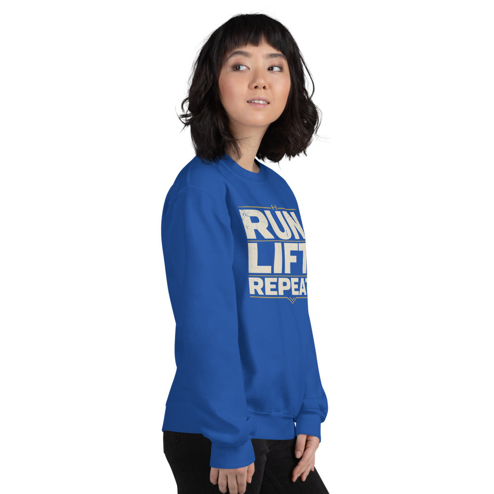 Run Lift Repeat vintage athletic crewneck sweatshirt — Royal, on model
