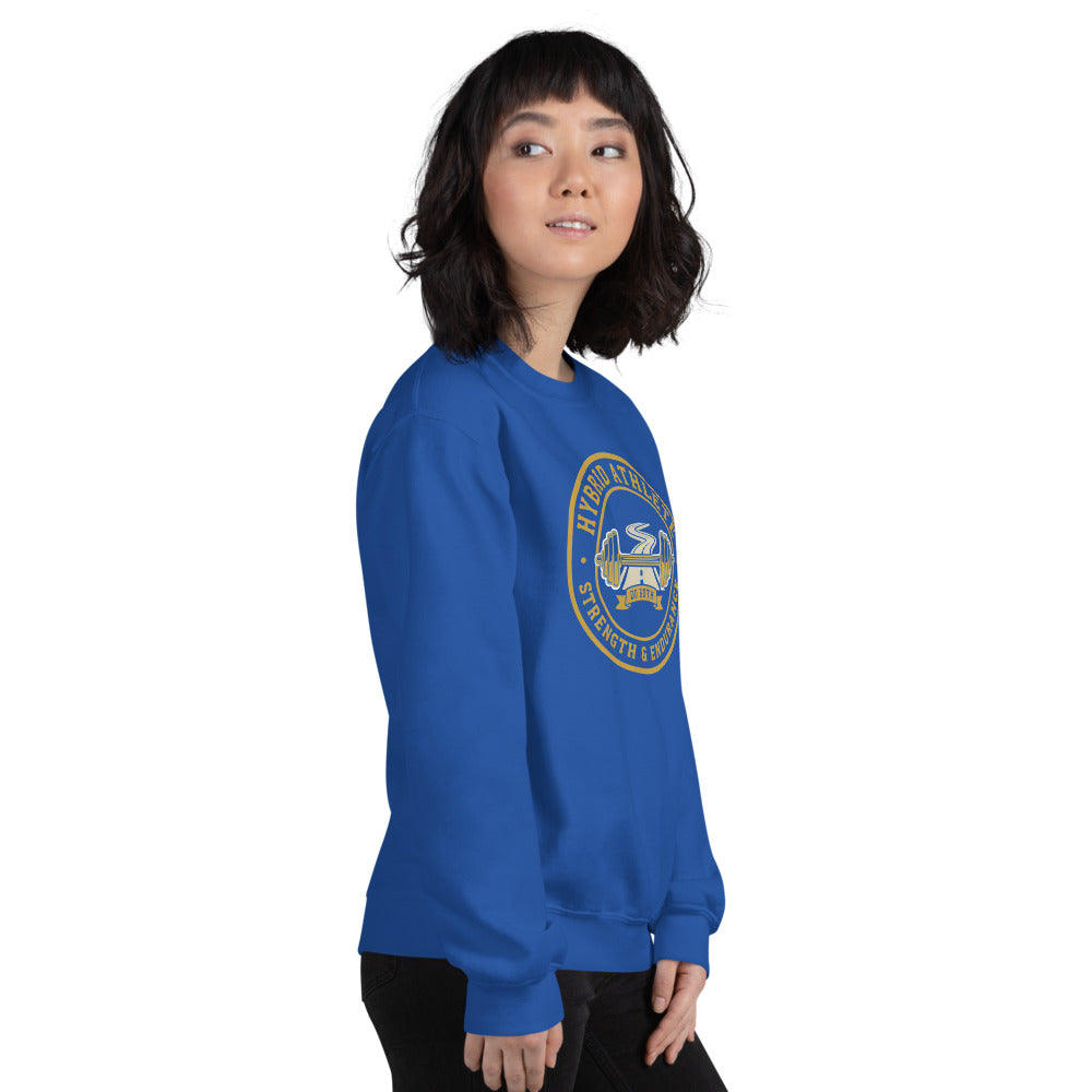Hybrid Athlete vintage athletic-department crest crewneck sweatshirt — Royal, on model