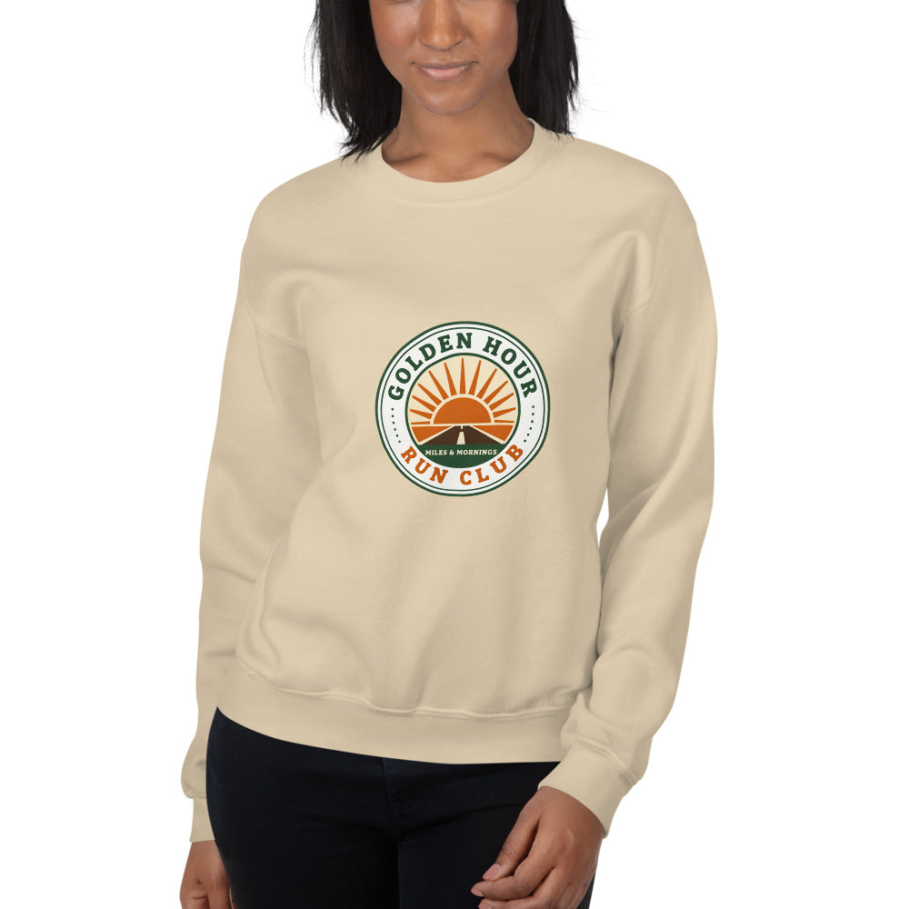 Golden Hour Run Club retro running crewneck sweatshirt — Sand, on model