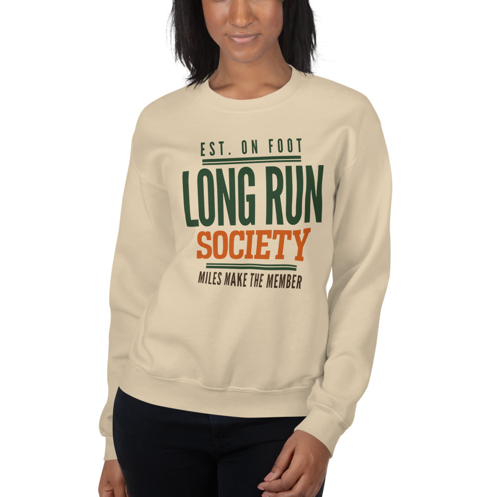 Long Run Society retro running crewneck sweatshirt — Sand, on model