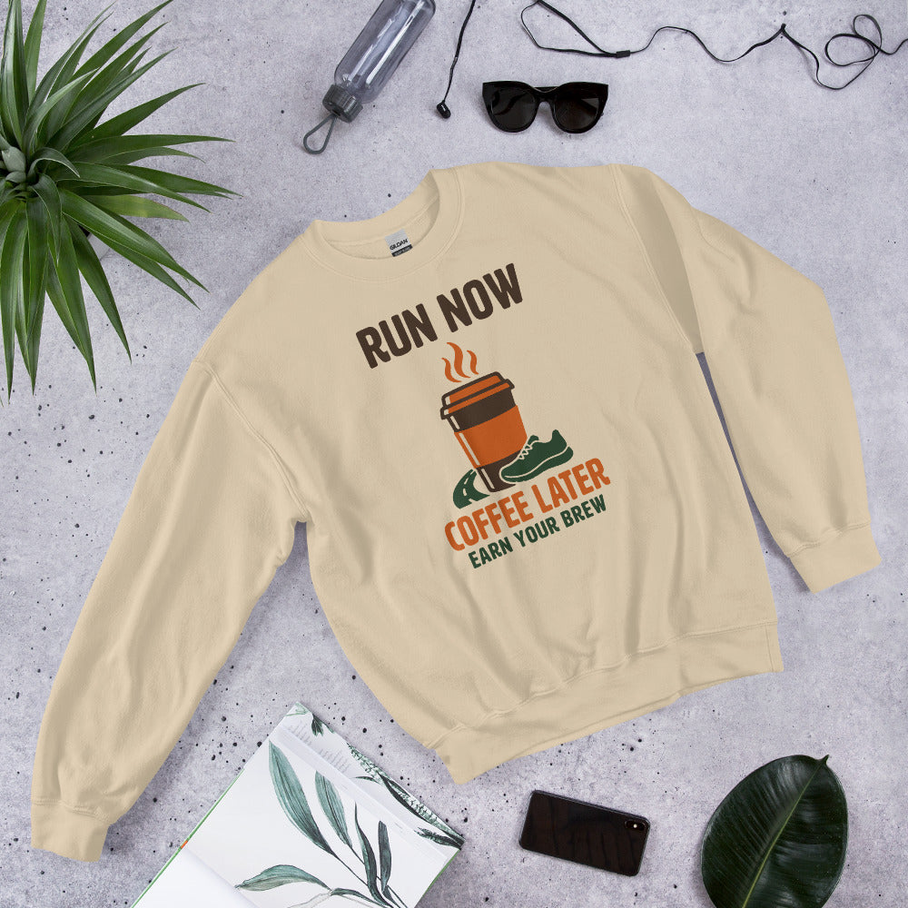 Run Now Coffee Later funny running crewneck sweatshirt — Sand, front-right