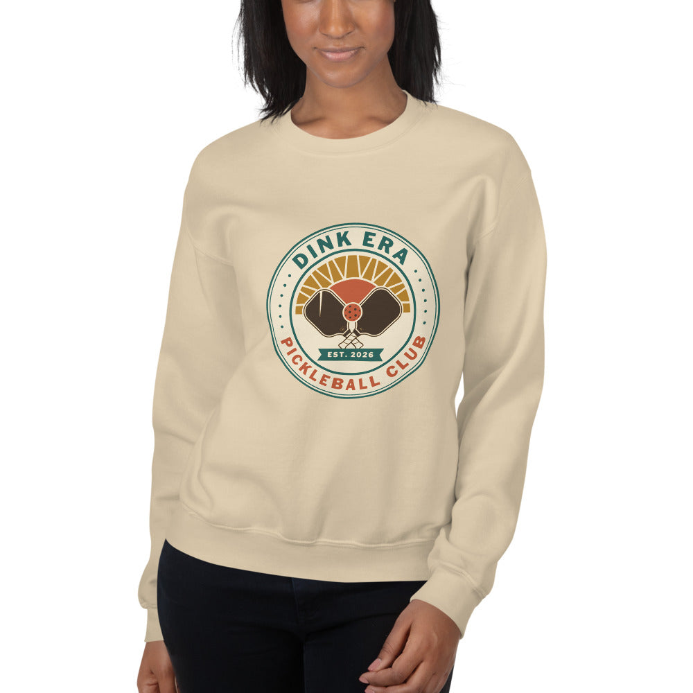 Dink Era Pickleball Club retro crewneck sweatshirt — Sand, on model