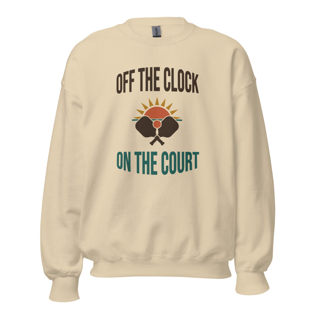 Off The Clock On The Court retro pickleball crewneck sweatshirt — Sand, front