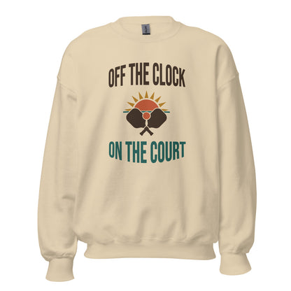 Off The Clock On The Court retro pickleball crewneck sweatshirt — Sand, front