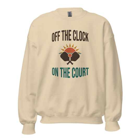 Off The Clock On The Court retro pickleball crewneck sweatshirt — Sand, front
