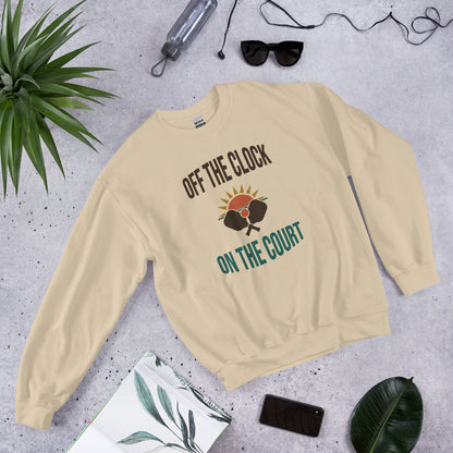 Off The Clock On The Court retro pickleball crewneck sweatshirt — Sand, side