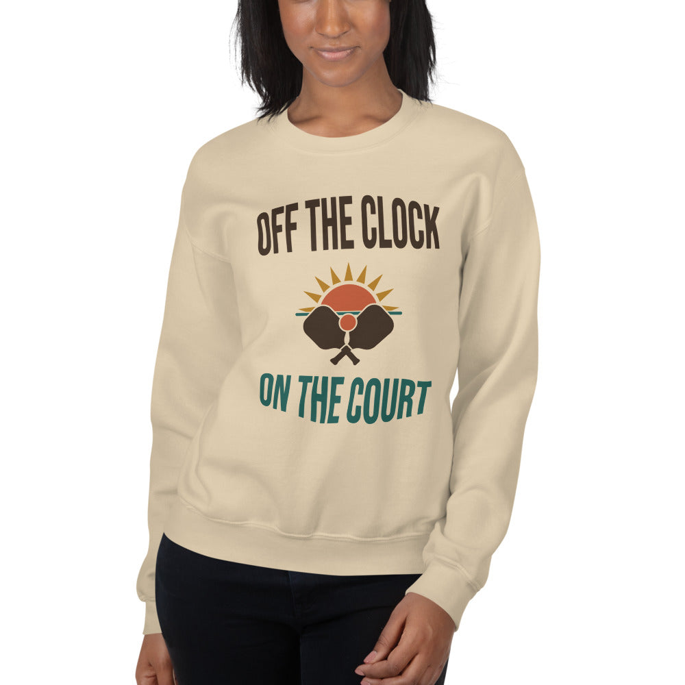 model wearing Off The Clock On The Court retro pickleball crewneck sweatshirt — Sand