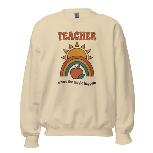 Teacher Sweatshirt, Retro Teacher Crewneck, Teacher Appreciation Gift — Where The Magic Happens Groovy Apple Teacher Crew
