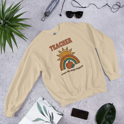 Teacher Where The Magic Happens retro groovy teacher crewneck sweatshirt — Sand, front angle