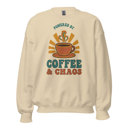 Funny Teacher Sweatshirt, Teacher Coffee Crewneck, Teacher Appreciation Gift — Powered By Coffee And Chaos Retro Groovy Teacher Crew